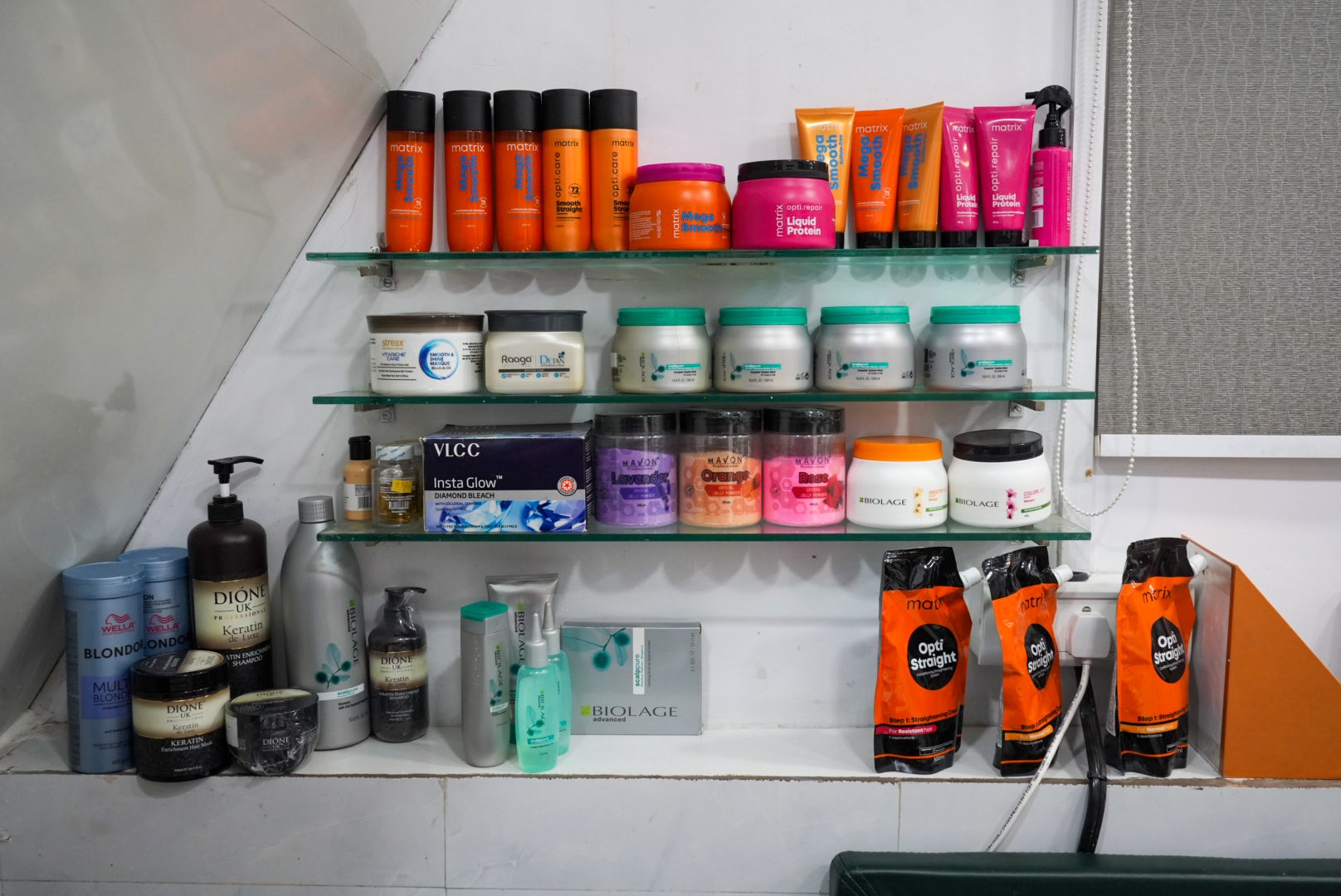 Professional hair care products on display